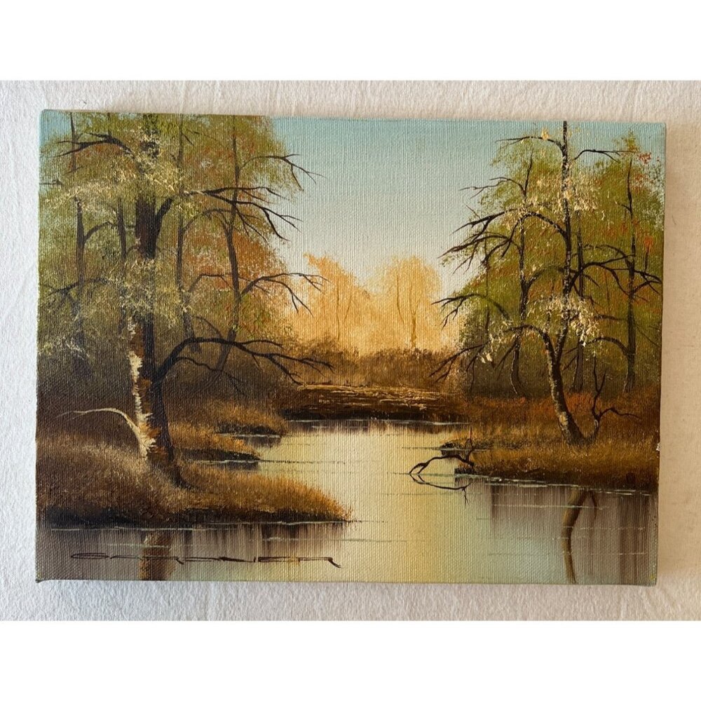 VTG Original Landscape Oil Painting Autumnal Trees Tranquil Stream Canvas 12 x 9